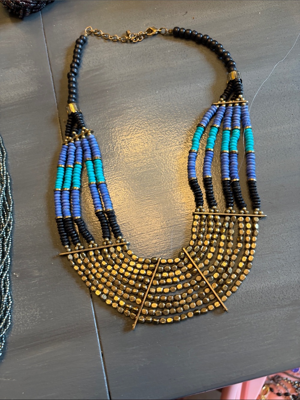 Beaded Statement Necklace in Blue, Teal & Black
